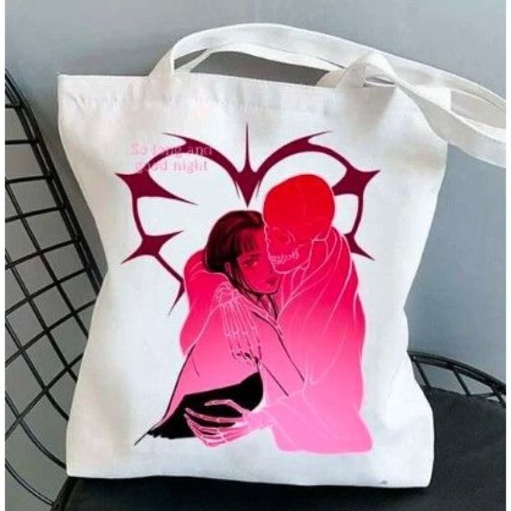 ROMWE X Elena Ilustra Tote Bag Shein x Pink and White Skeleton Heart